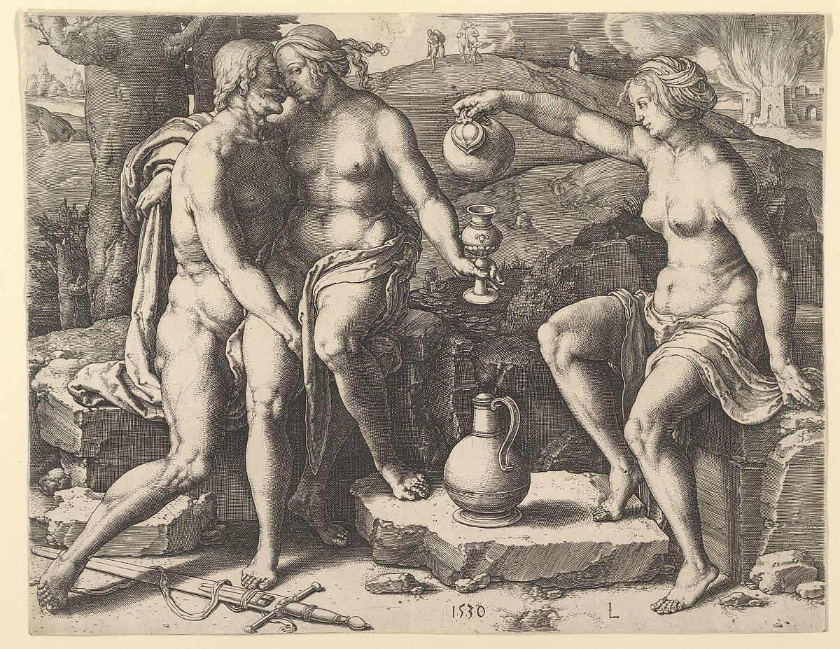 Lot and His Daughters, Lucas van Leyden (Netherlandish, Leiden ca. 1494–1533 Leiden), Engraving; first state 