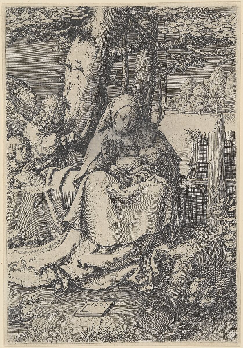 The Virgin and Child with Two Angels, Lucas van Leyden (Netherlandish, Leiden ca. 1494–1533 Leiden), Engraving; touched with gray wash on face and shoulders of Virgin; first state