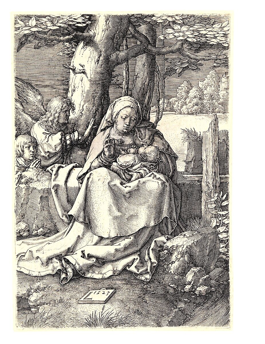 The Virgin and Child with Two Angels, Lucas van Leyden (Netherlandish, Leiden ca. 1494–1533 Leiden), Engraving; touched with gray wash on face and shoulders of Virgin; first state