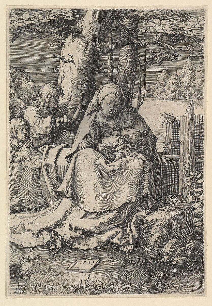 The Virgin and Child with Two Angels, Lucas van Leyden (Netherlandish, Leiden ca. 1494–1533 Leiden), Engraving; touched with gray wash on face and shoulders of Virgin; first state 
