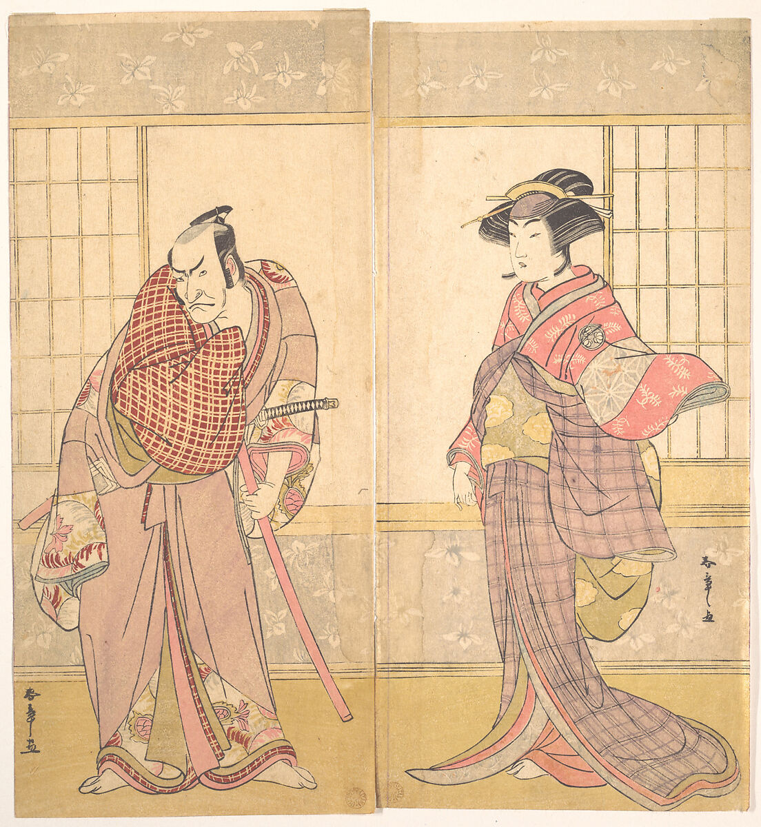 The Fifth Ichikawa Danjuro as a Man Standing in a Room, Katsukawa Shunshō　勝川春章 (Japanese, 1726–1792), Diptych of woodblock prints (nishiki-e); ink and color on paper, Japan 