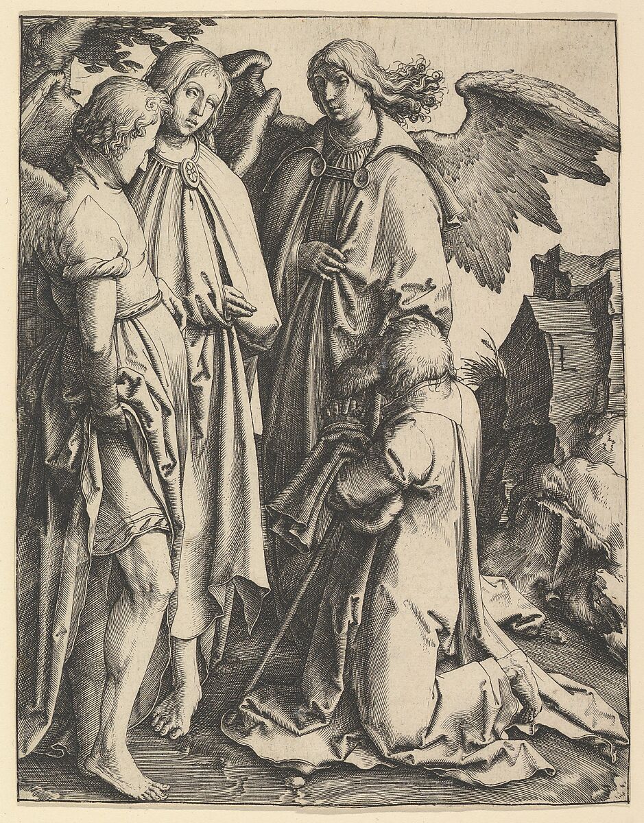 Abraham and Three Angels, Lucas van Leyden (Netherlandish, Leiden ca. 1494–1533 Leiden), Engraving 