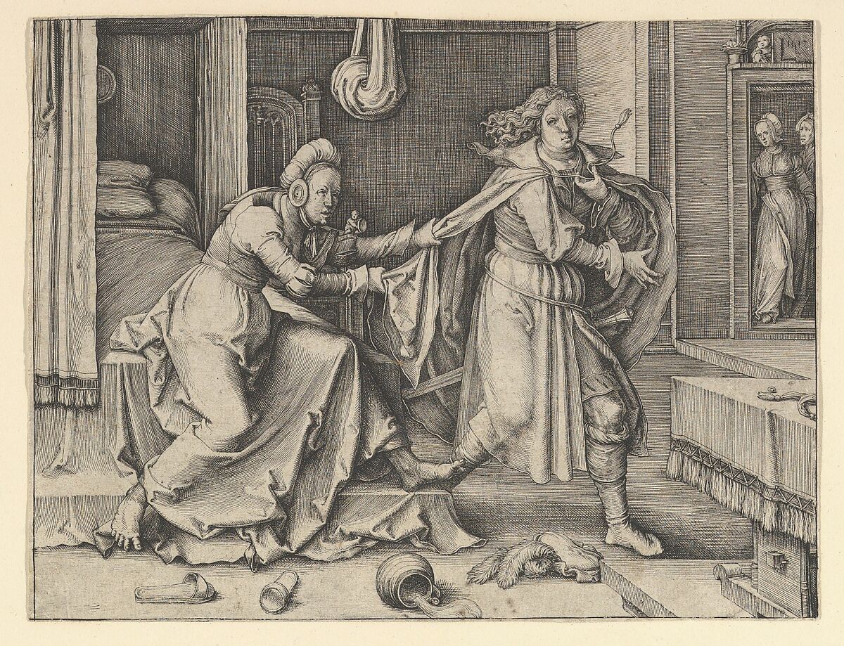 Joseph and Potiphar's Wife, Lucas van Leyden (Netherlandish, Leiden ca. 1494–1533 Leiden), Engraving; first state 