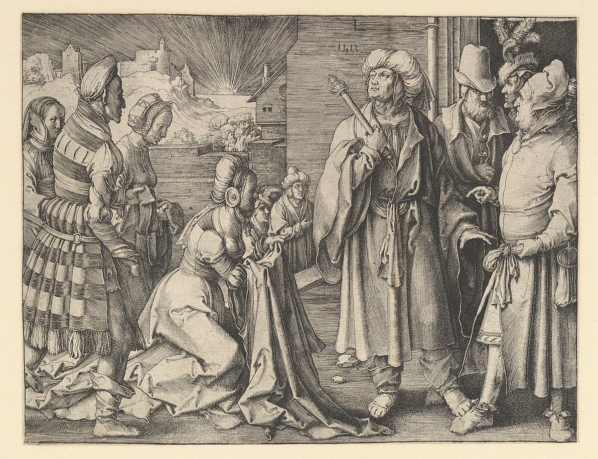 Potiphar's Wife Acuses Joseph, Lucas van Leyden (Netherlandish, Leiden ca. 1494–1533 Leiden), Engraving; first state 