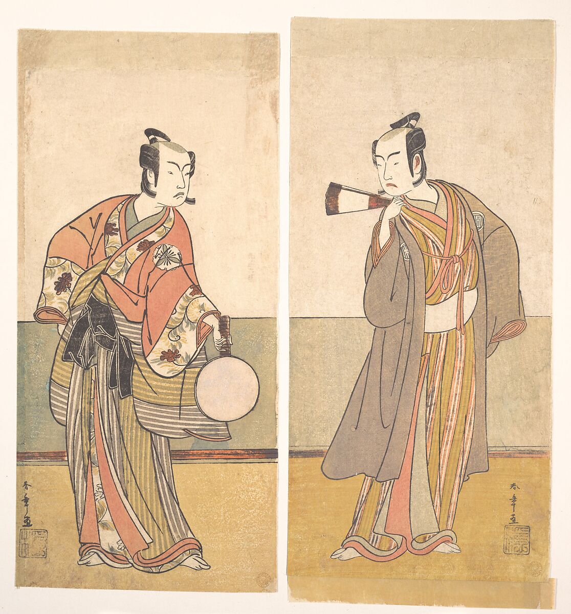 The Actors the Fourth Matsumoto Koshiro and the Arashi Sangoro, Katsukawa Shunshō　勝川春章 (Japanese, 1726–1792), Diptych of woodblock prints (nishiki-e); ink and color on paper, Japan 