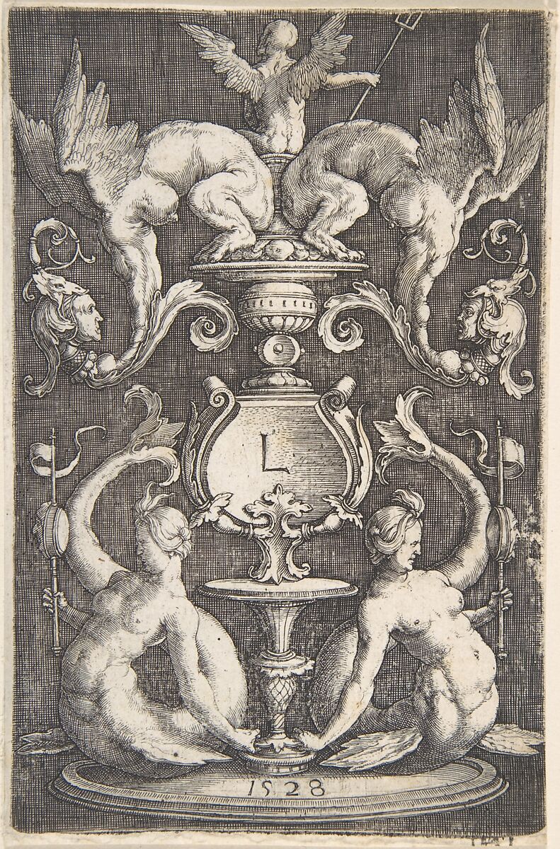 Panel of Ornament with Two Sirens, Lucas van Leyden (Netherlandish, Leiden ca. 1494–1533 Leiden), Engraving