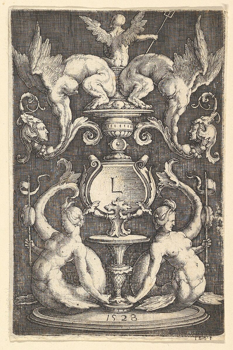 Panel of Ornament with Two Sirens, Lucas van Leyden (Netherlandish, Leiden ca. 1494–1533 Leiden), Engraving 