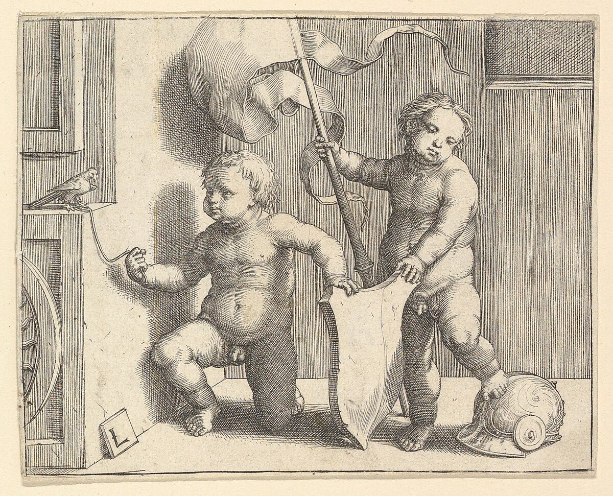 Two Nude Children Supporting a Blank Shield, Lucas van Leyden (Netherlandish, Leiden ca. 1494–1533 Leiden), Engraving 