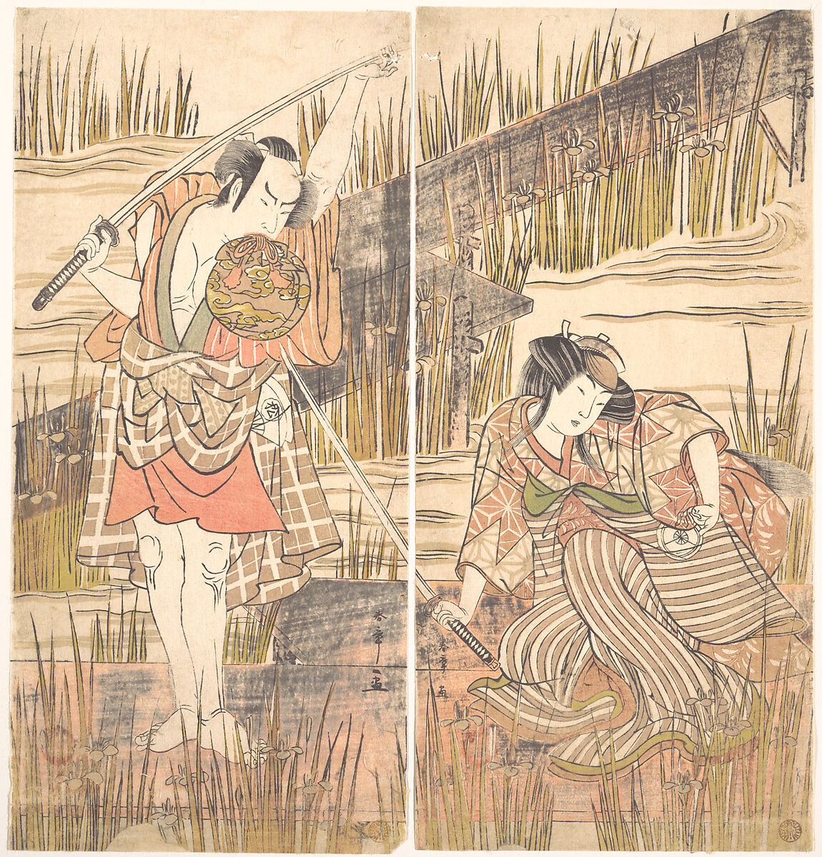 The Actor Onoye Matsusuke with Sword Held Above His Head with Both Hands, Katsukawa Shunshō　勝川春章 (Japanese, 1726–1792), Diptych of woodblock prints (nishiki-e); ink and color on paper, Japan 