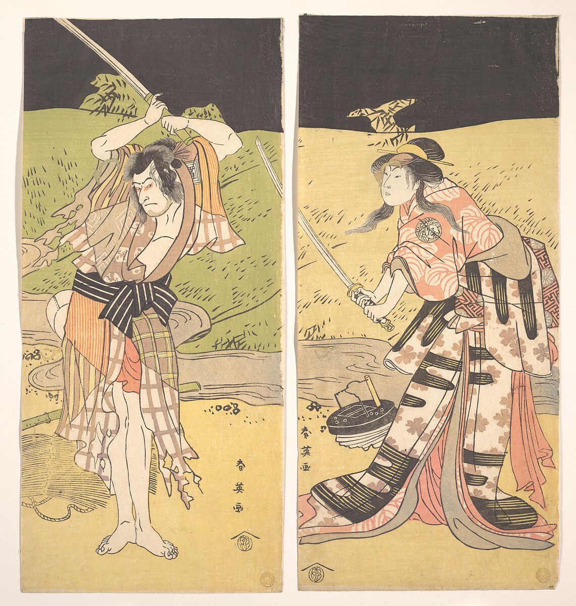 The Actor Ichikawa Komazo Second with Raised Sword, Katsukawa Shun&#39;ei 勝川春英 (Japanese, 1762–1819), Diptych of woodblock prints; ink and color on paper, Japan 