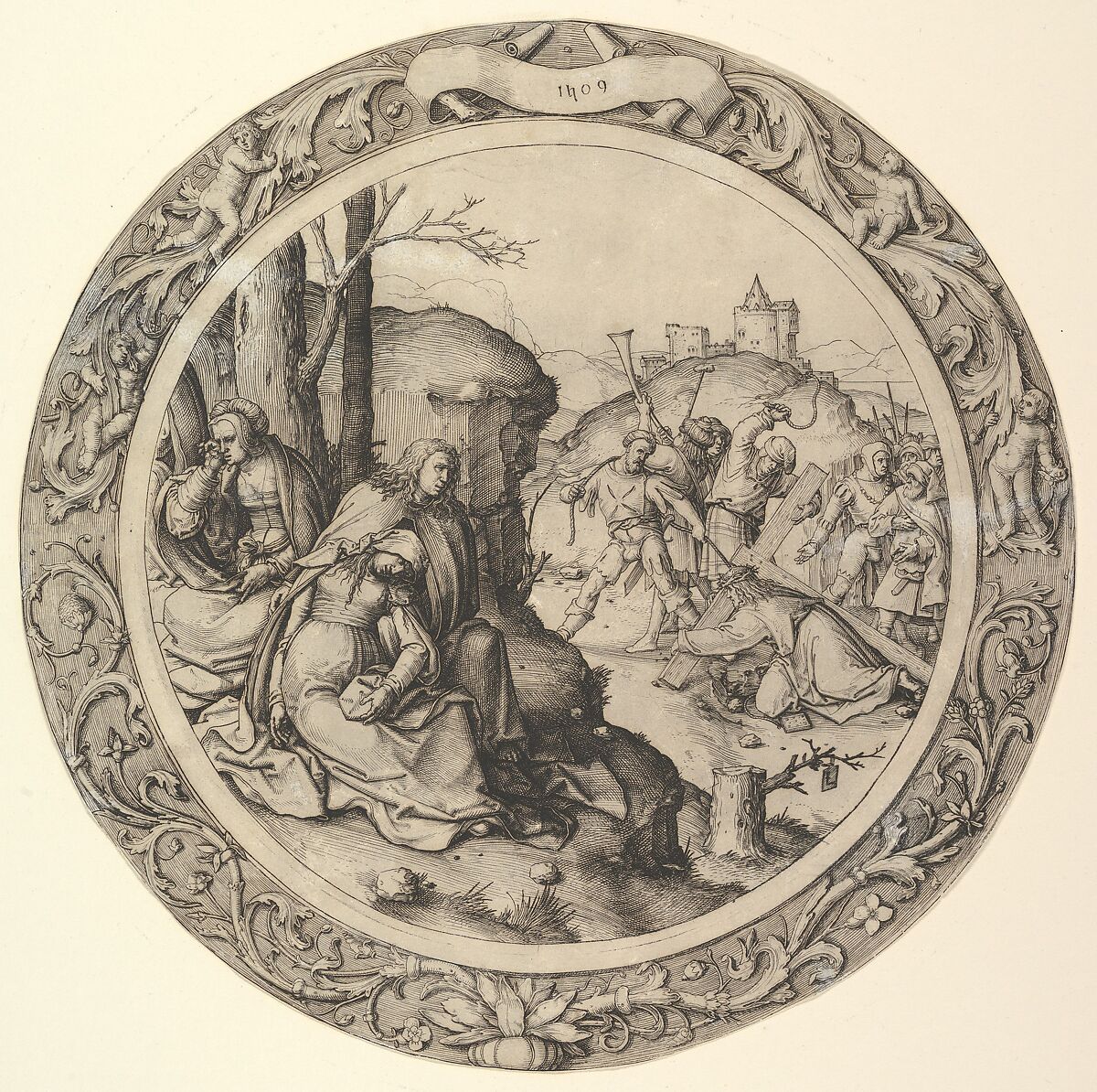 Christ Carrying the Cross, from the Circular Passion, Lucas van Leyden (Netherlandish, Leiden ca. 1494–1533 Leiden), Engraving 