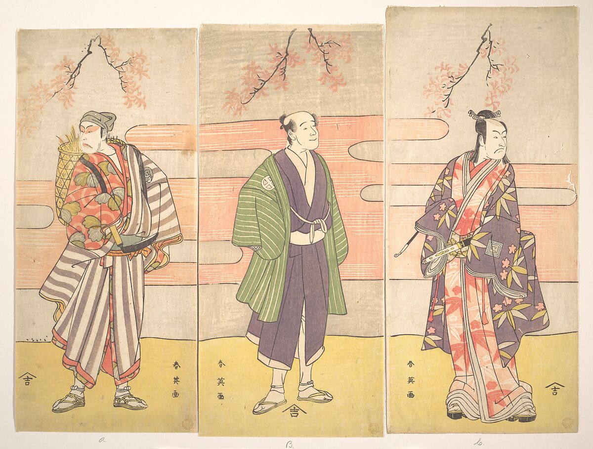 An Unidentified Actor as a Farmer with a Basket on His Back, Katsukawa Shun&#39;ei 勝川春英 (Japanese, 1762–1819), Triptych of woodblock prints; ink and color on paper, Japan 