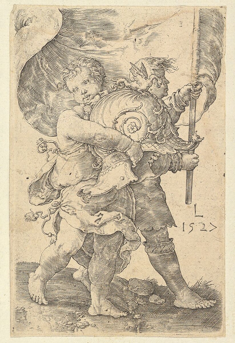 Two Boys with a Helmet and Standard, Lucas van Leyden (Netherlandish, Leiden ca. 1494–1533 Leiden), Engraving 