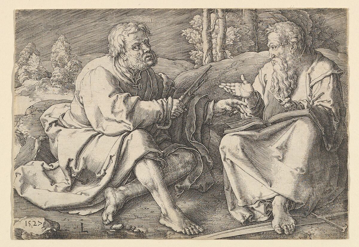 Sts. Peter and Paul Seated in a Landscape, Lucas van Leyden (Netherlandish, Leiden ca. 1494–1533 Leiden), Engraving 