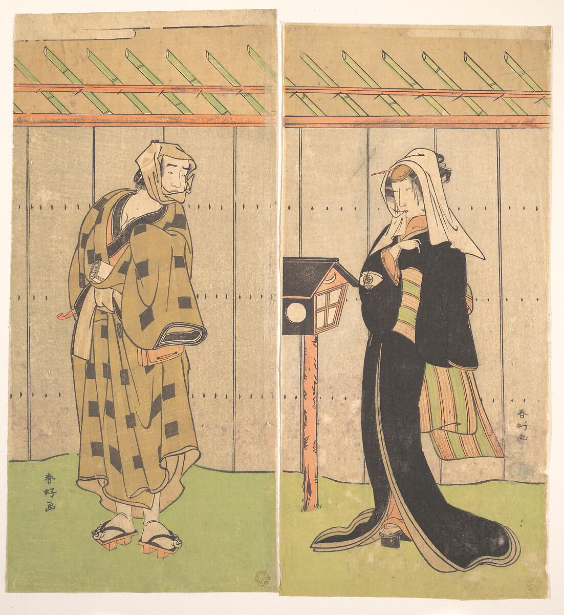 The Actor Otani Hiroemon as a Man Standing in a Room, Katsukawa Shunkō (Japanese, 1743–1812), Diptych of woodblock prints; ink and color on paper, Japan 