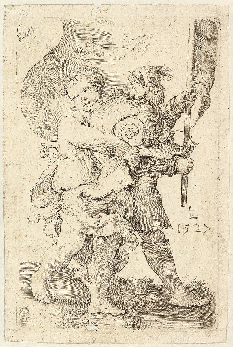 Two Boys with a Helmet and Standard, Lucas van Leyden (Netherlandish, Leiden ca. 1494–1533 Leiden), Engraving 