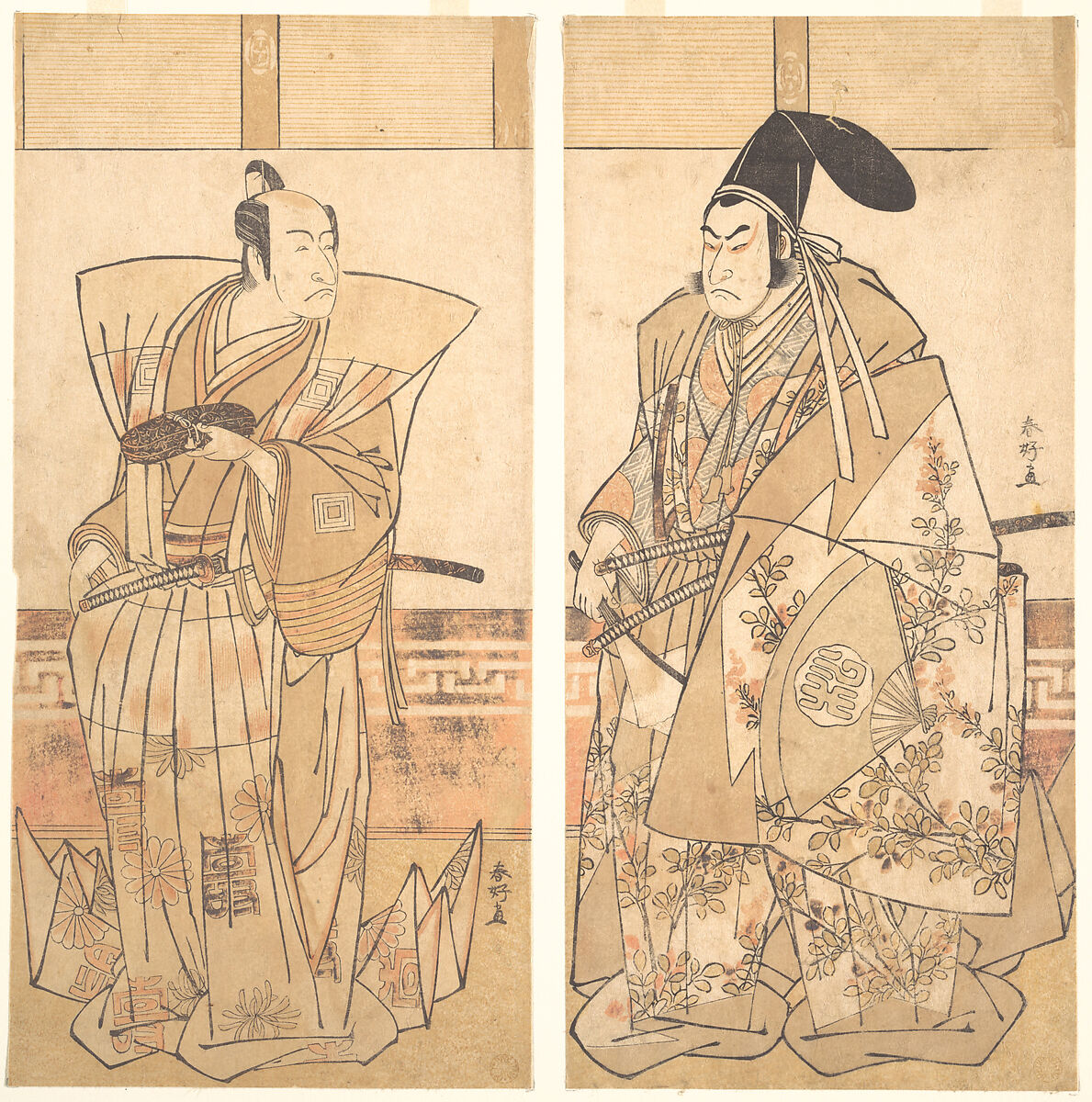 Two Actors Dressed in Ceremonial Costumes, Katsukawa Shunkō (Japanese, 1743–1812), Diptych of woodblock prints; ink and color on paper, Japan 