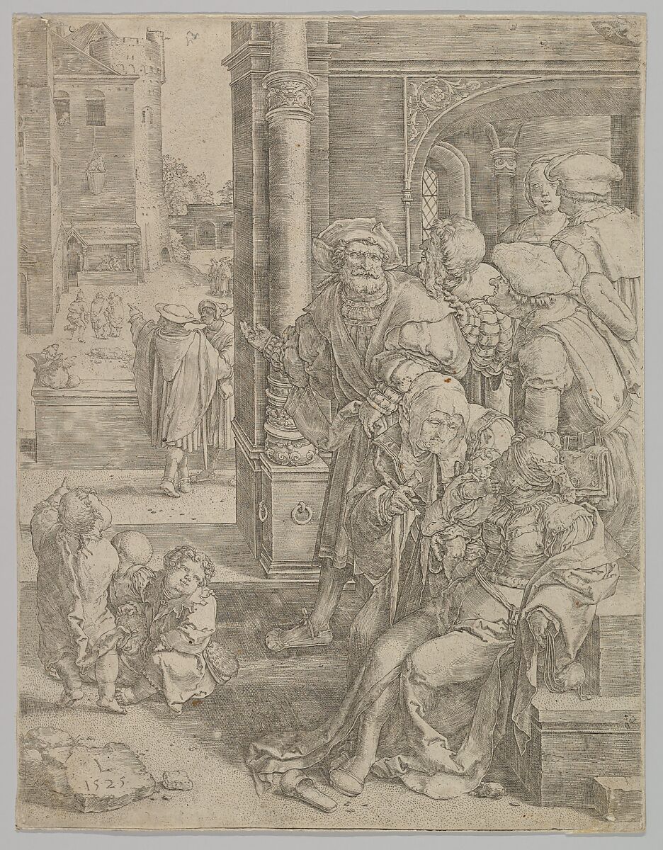 Poet Virgil Suspended in a Basket, Lucas van Leyden (Netherlandish, Leiden ca. 1494–1533 Leiden), Engraving; third state 