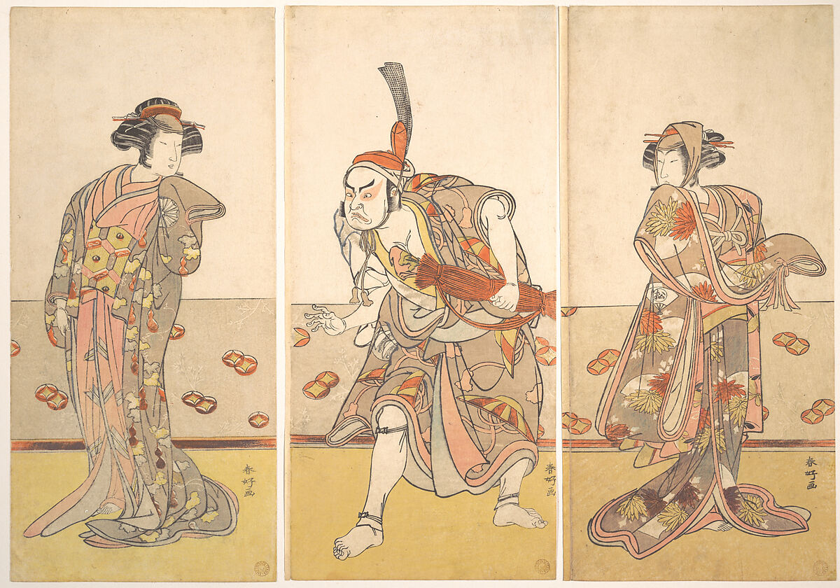 The Actor Nakamura Tomijuro as a Stately Woman, Katsukawa Shunkō (Japanese, 1743–1812), Triptych of woodblock prints; ink and color on paper, Japan 