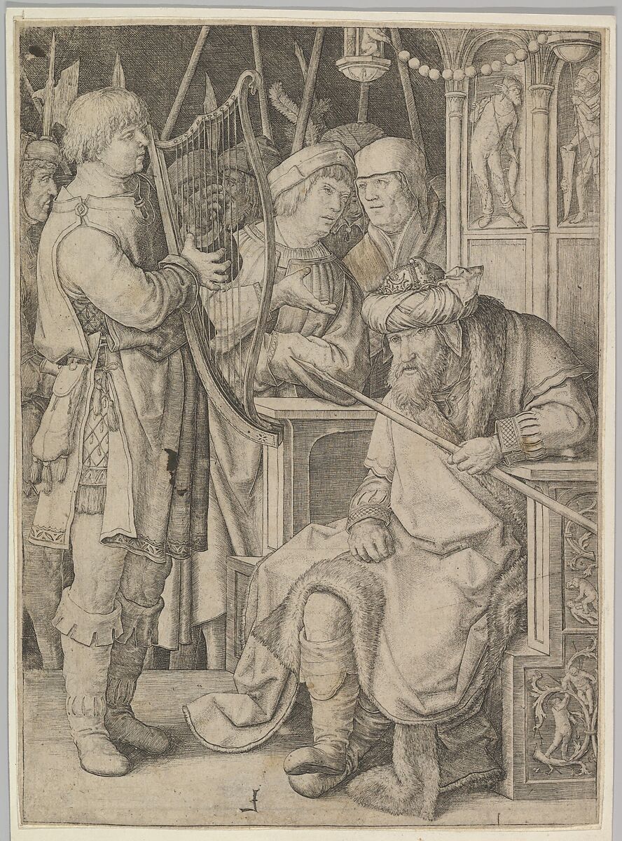 David Playing the Harp Before Saul, Lucas van Leyden (Netherlandish, Leiden ca. 1494–1533 Leiden), Engraving; third state 