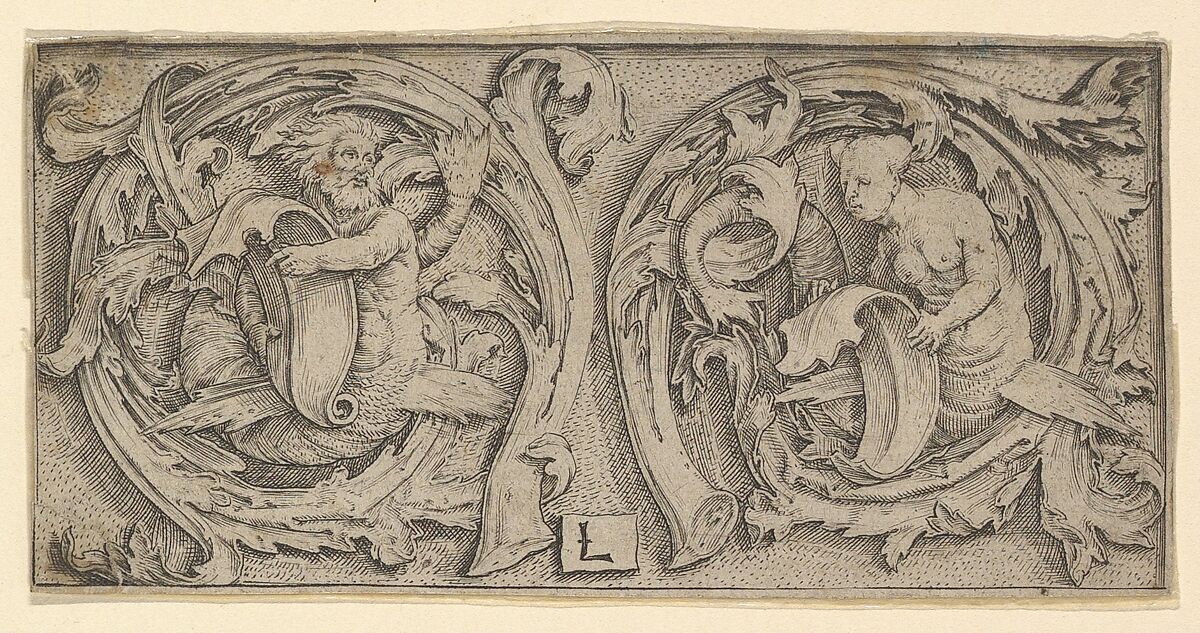 Triton and Siren in Tendrils, Lucas van Leyden (Netherlandish, Leiden ca. 1494–1533 Leiden), Engraving 