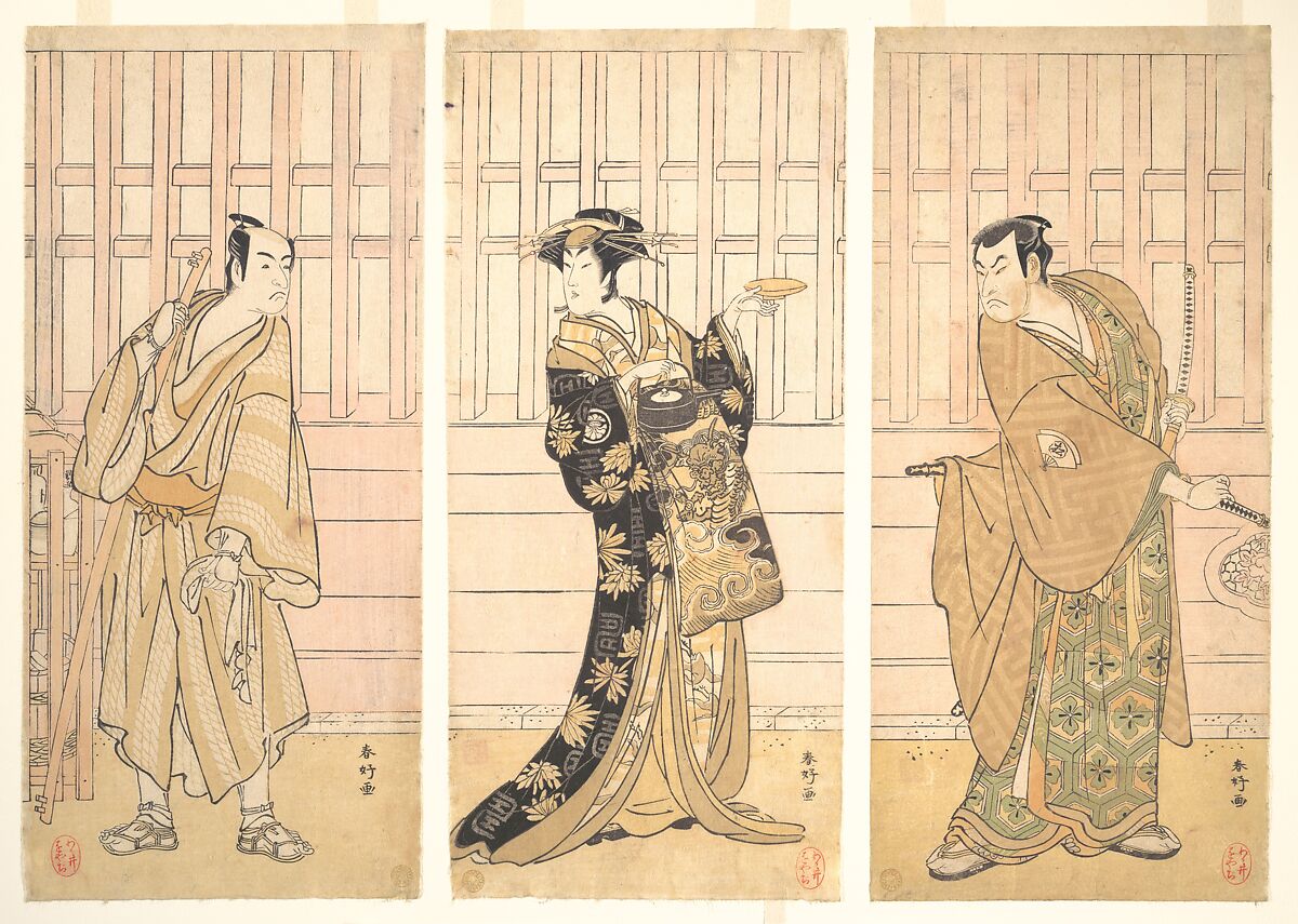 In the Room of a House of the Yoshiwara, Katsukawa Shunkō (Japanese, 1743–1812), Triptych of woodblock prints; ink and color on paper, Japan 