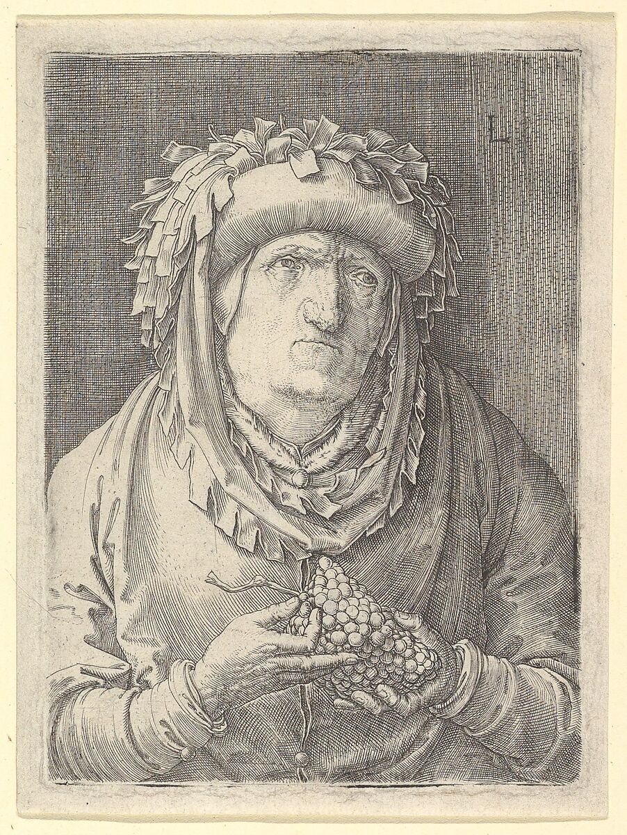 Old Woman With Grapes, Lucas van Leyden (Netherlandish, Leiden ca. 1494–1533 Leiden), Engraving 