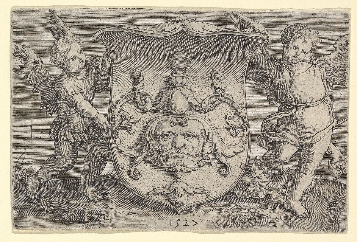 Coat of Arms with a Mask, Held by Two Genii, Lucas van Leyden (Netherlandish, Leiden ca. 1494–1533 Leiden), Engraving 