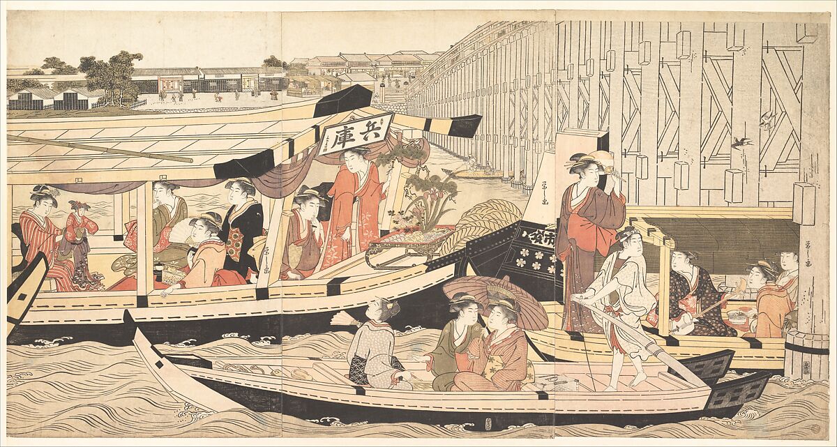 Pleasure Boats on the Sumida River beneath Shin-Ōhashi Bridge, Chōbunsai Eishi (Japanese, 1756–1829), Pentaptych of woodblock prints; ink and color on paper, Japan