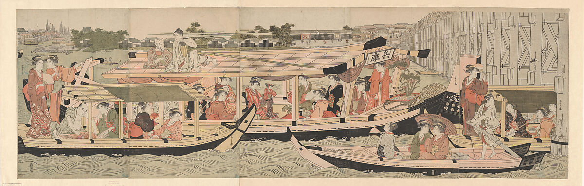 Pleasure Boats on the Sumida River beneath Shin-Ōhashi Bridge, Chōbunsai Eishi (Japanese, 1756–1829), Pentaptych of woodblock prints; ink and color on paper, Japan 