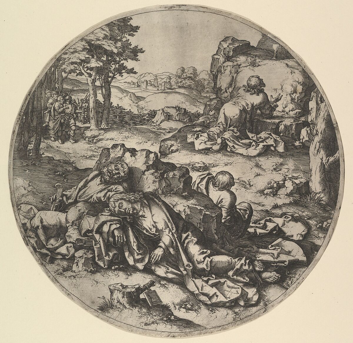 Christ in Gethsemane (copy), Etched by Claes Jansz. Visscher (Dutch, Amsterdam 1586–1652 Amsterdam) probable, Etching 