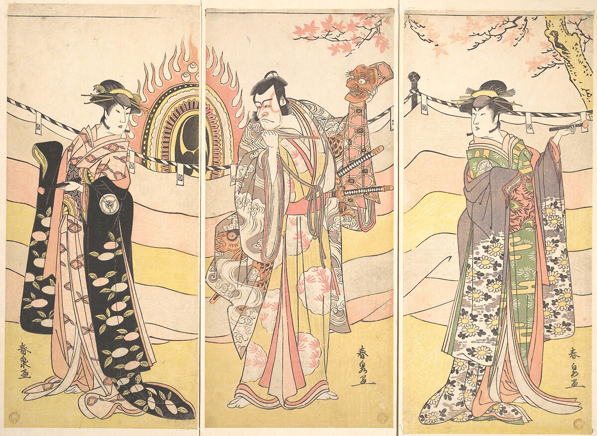 Three Actors in Beautiful Costumes Performing a Religious Dance, Katsukawa Shunsen (Japanese, 1762–ca.1830), Triptych of woodblock prints; ink and color on paper, Japan 