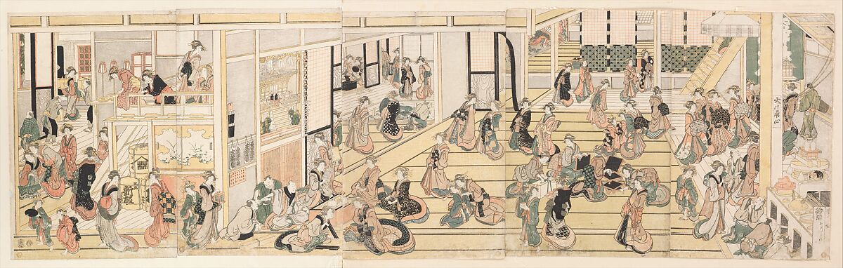 New Year's Day at the Ōgiya Brothel, Yoshiwara, Katsushika Hokusai (Japanese, Tokyo (Edo) 1760–1849 Tokyo (Edo)), Pentaptych of woodblock prints; ink and color on paper, Japan 