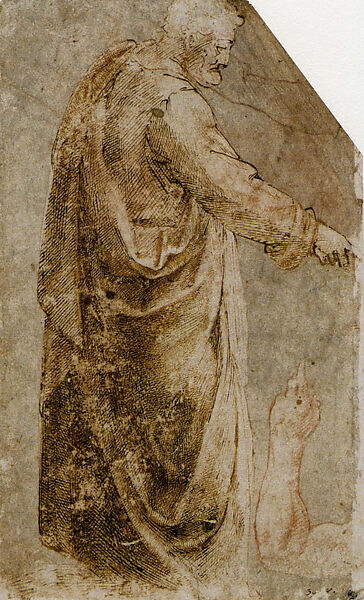 Study of St. Peter after Masaccio (recto); Studies of a torso (verso), Michelangelo Buonarroti (Italian, Caprese 1475–1564 Rome), Pen and brown ink, red chalk, stylus under-drawing (recto and verso) 