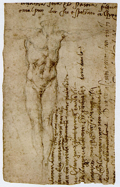 Christ on the Cross and notes (recto); Notes (verso), Michelangelo Buonarroti (Italian, Caprese 1475–1564 Rome), Black chalk, writings in pen and brown ink 