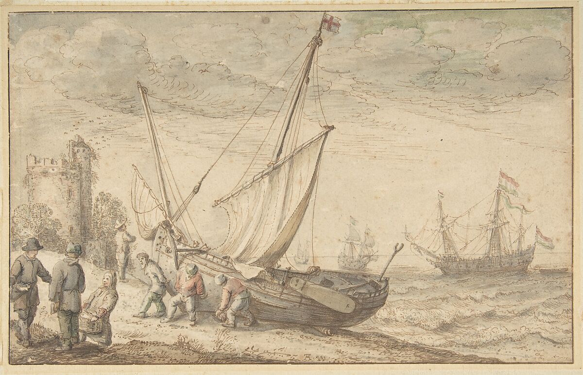 Fisherfolk Hauling their Boat onto the Shore, Adam Willaerts (Netherlandish, London 1577–1664 Utrecht), Black chalk, pen and brown ink, watercolor 