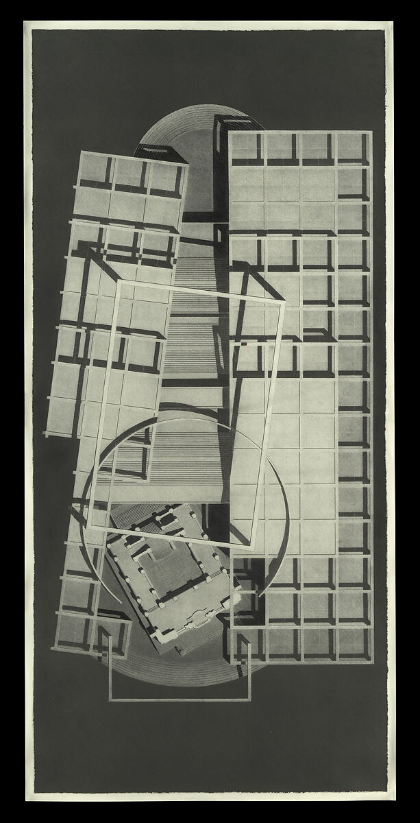 Nakanoshima Project , Osaka City Hall, isometric view, Tadao Ando (Japanese, born Minato-ku, 1941), Lithographic crayon over half-tone lithographs 