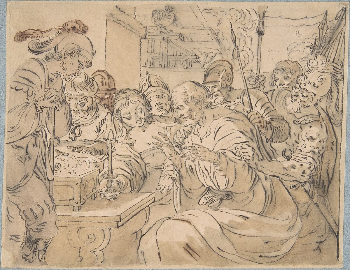 The Denial of St. Peter, Rudolf Meyer (Swiss, Zurich 1605–1638 Zurich), Pen and black and brown ink and brown wash on cream laid paper 