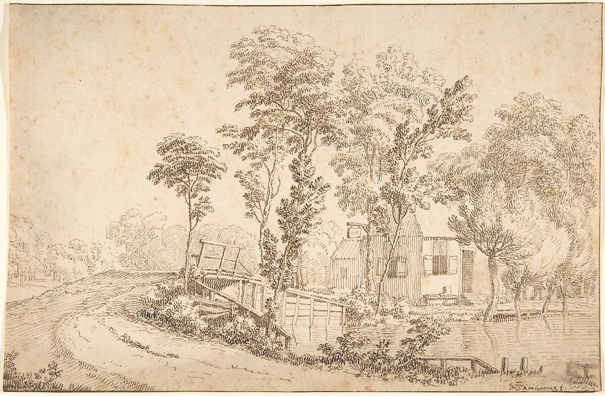 Landscape with a House near a Bridge over a River, Albert Meyeringh (Dutch, 1645–1714), Pen and ink on cream laid paper 