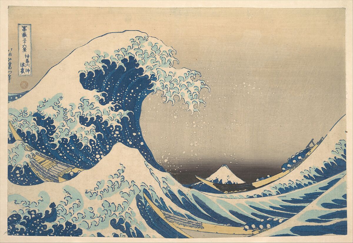 Under the Wave off Kanagawa (Kanagawa oki nami ura), also known as The Great Wave, from the series Thirty-six Views of Mount Fuji (Fugaku sanjūrokkei), Katsushika Hokusai  Japanese, Woodblock print; ink and color on paper, Japan