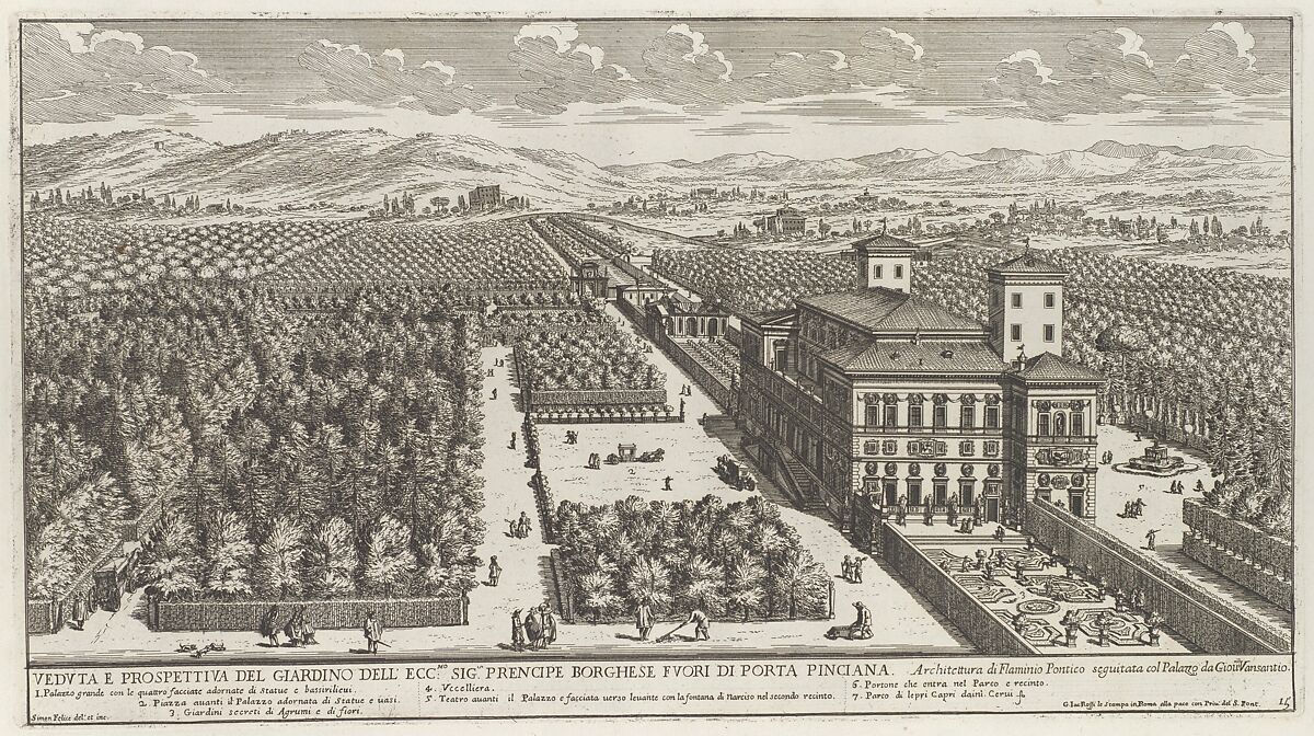 View of the Villa Borghese, Simon Felice (Italian, 17th century), Etching 