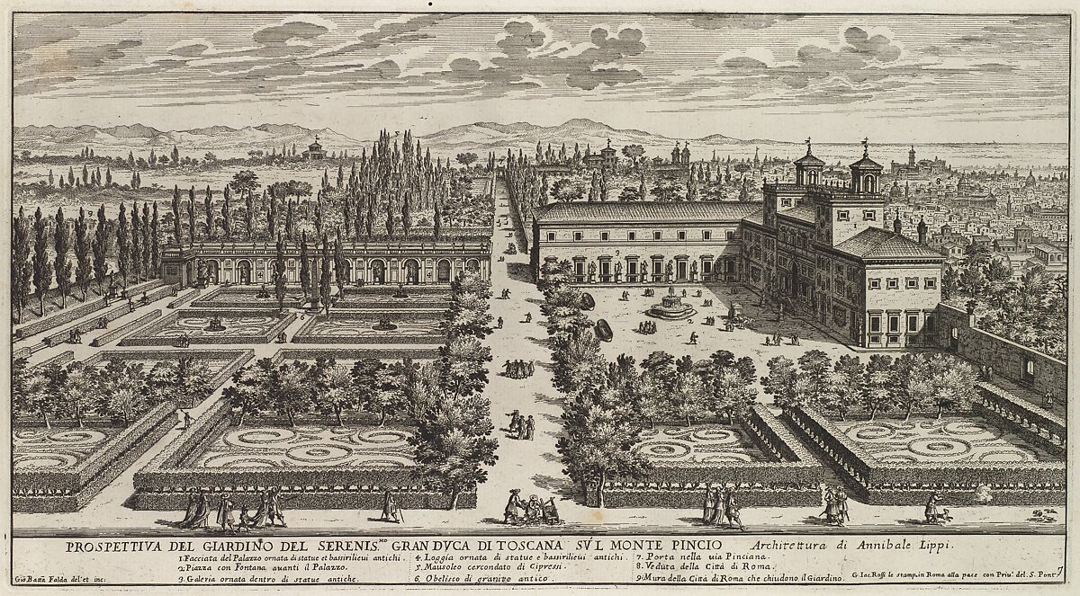 View of the Villa Medici, Giovanni Battista Falda (Italian, Valduggia 1643–1678 Rome), Etching 