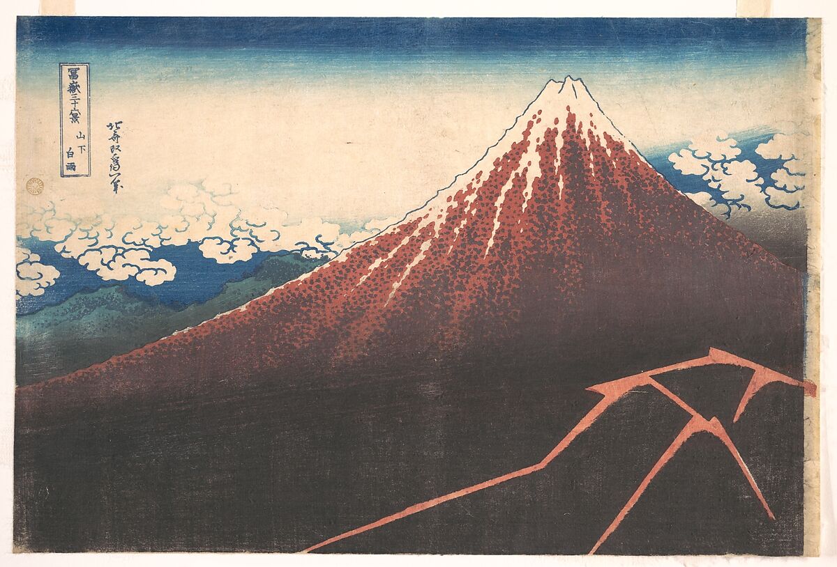 Storm below Mount Fuji (Sanka no haku u), from the series Thirty-six Views of Mount Fuji (Fugaku sanjūrokkei), Katsushika Hokusai (Japanese, Tokyo (Edo) 1760–1849 Tokyo (Edo)), Woodblock print; ink and color on paper, Japan 