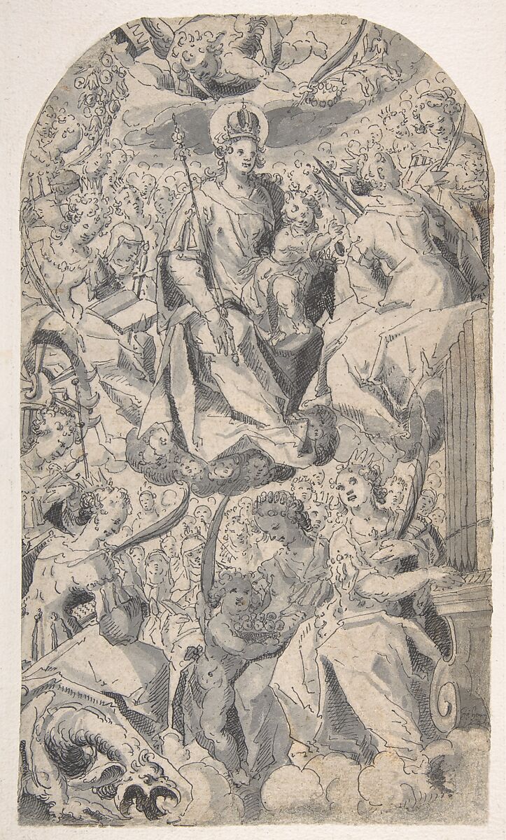 Madonna and Child Surrounded by Female Saints, Joseph Heintz the Younger (German, Augsburg ca. 1600–1678 Venice), Pen and dark gray ink and gray wash 