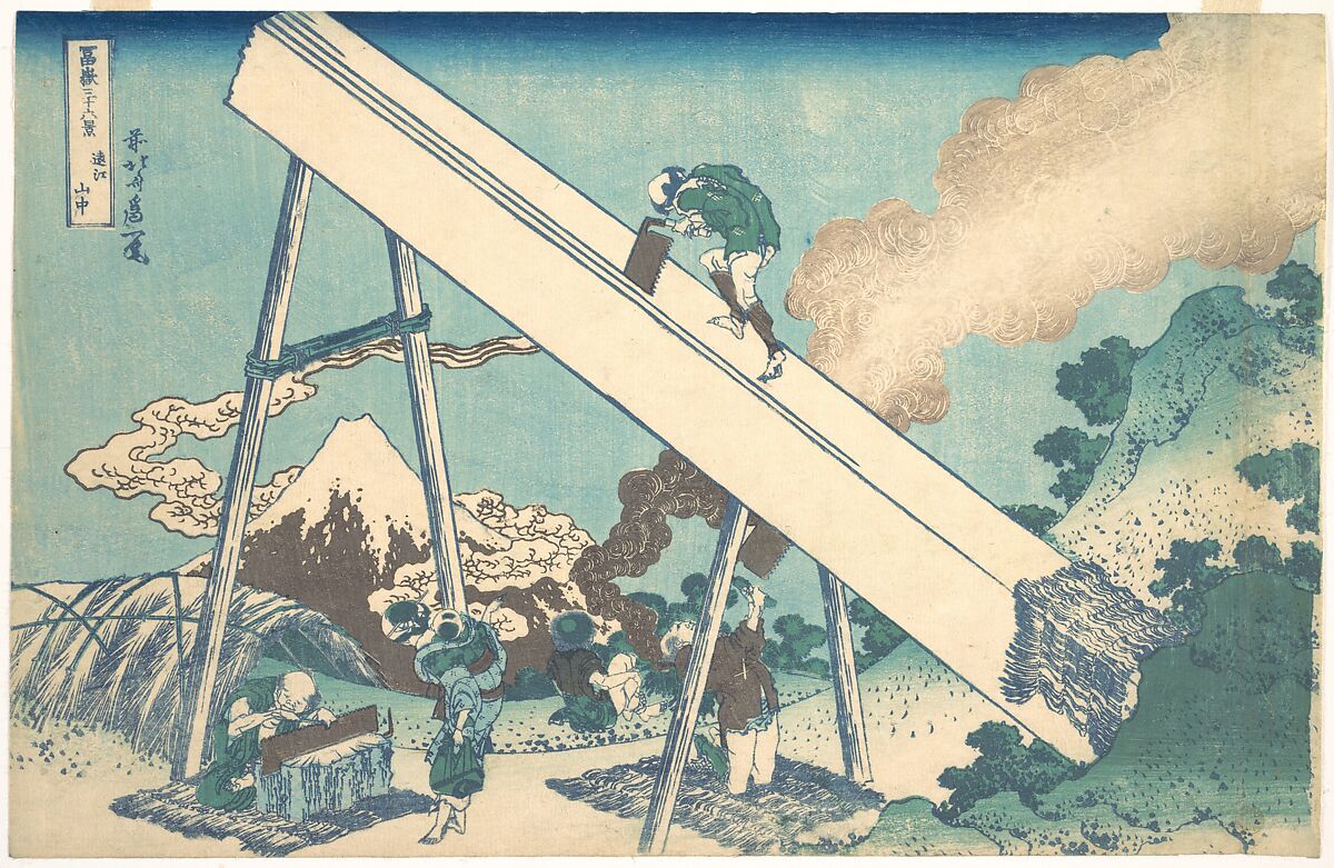 In the Mountains of Tōtomi Province (Tōtomi sanchū), from the series Thirty-six Views of Mount Fuji (Fugaku sanjūrokkei), Katsushika Hokusai (Japanese, Tokyo (Edo) 1760–1849 Tokyo (Edo)), Woodblock print; ink and color on paper, Japan 