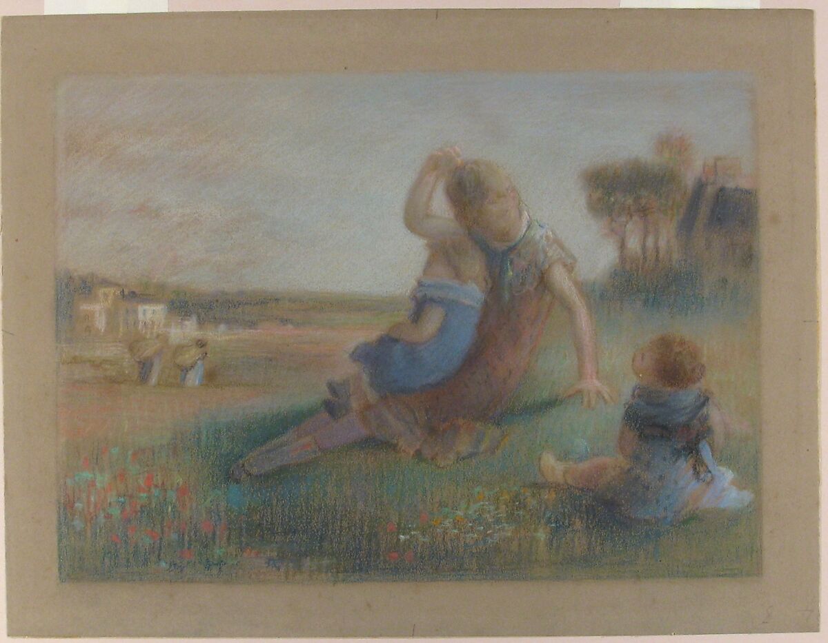 Three Children in a Landscape, Charles-Emmanuel Serret (French, 1824–1900), Pastel on brown wove paper (mounted on beige wove paper) 