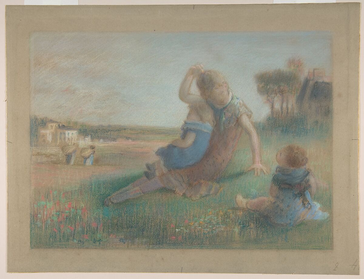 Three Children in a Landscape, Charles-Emmanuel Serret (French, 1824–1900), Pastel on brown wove paper (mounted on beige wove paper)  
