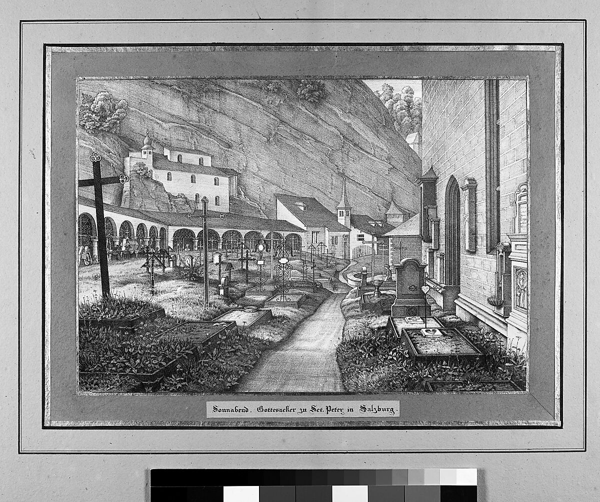 Sonnabend from Sieben Gegenden aus Salzburg und Berchtesgaden Geordnet nach den sieben Tagen der Woche, verbunden durch zwey allegorische Blätter (Seven Places in Salzburg and Berchtesgaden, Arranged According to the Seven Days of the Week), (Johann Heinrich) Ferdinand Olivier (German, Dessau 1785–1841 Munich), Lithograph printed in gray and again with a light beige tone stone mounted on painted and gilt board with attached title printed on brown paper. Printed portfolio with green ribbons.