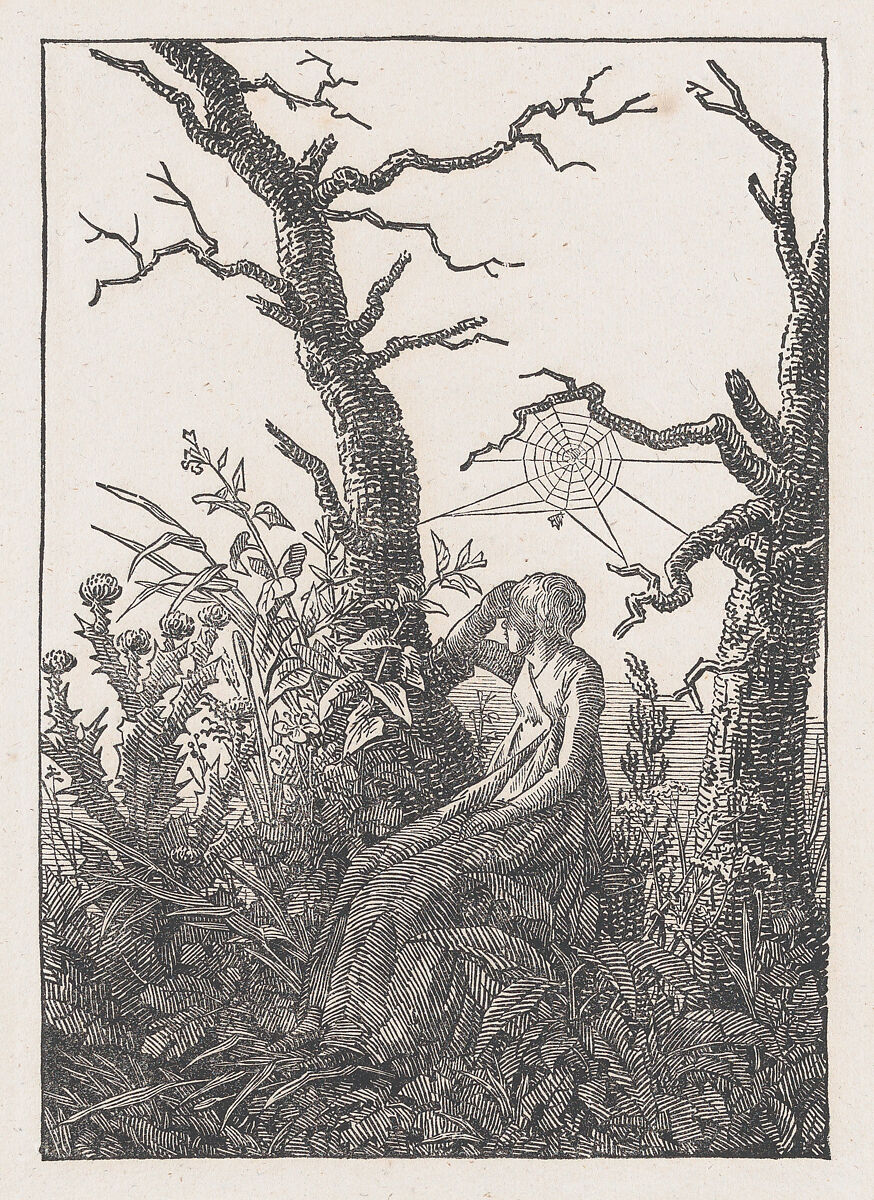 Die Frau mit dem Spinnennnetz zwischen kahlen Baumen (Seated Woman with a Spider's Web), Cut by Christian Friedrich (German, 1770–1843), Woodcut on wove paper 