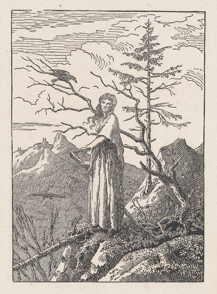 Die Frau mit dem Raben am Abgrund (Woman with a Raven), Cut by Christian Friedrich (German, 1770–1843), Woodcut on wove paper 